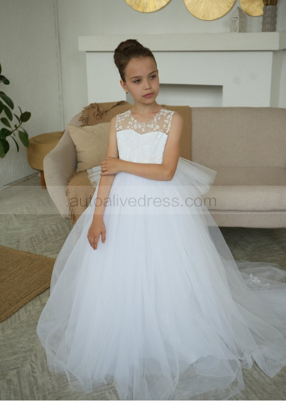 White Lace Tulle Flower Girl Dress With Big Bow